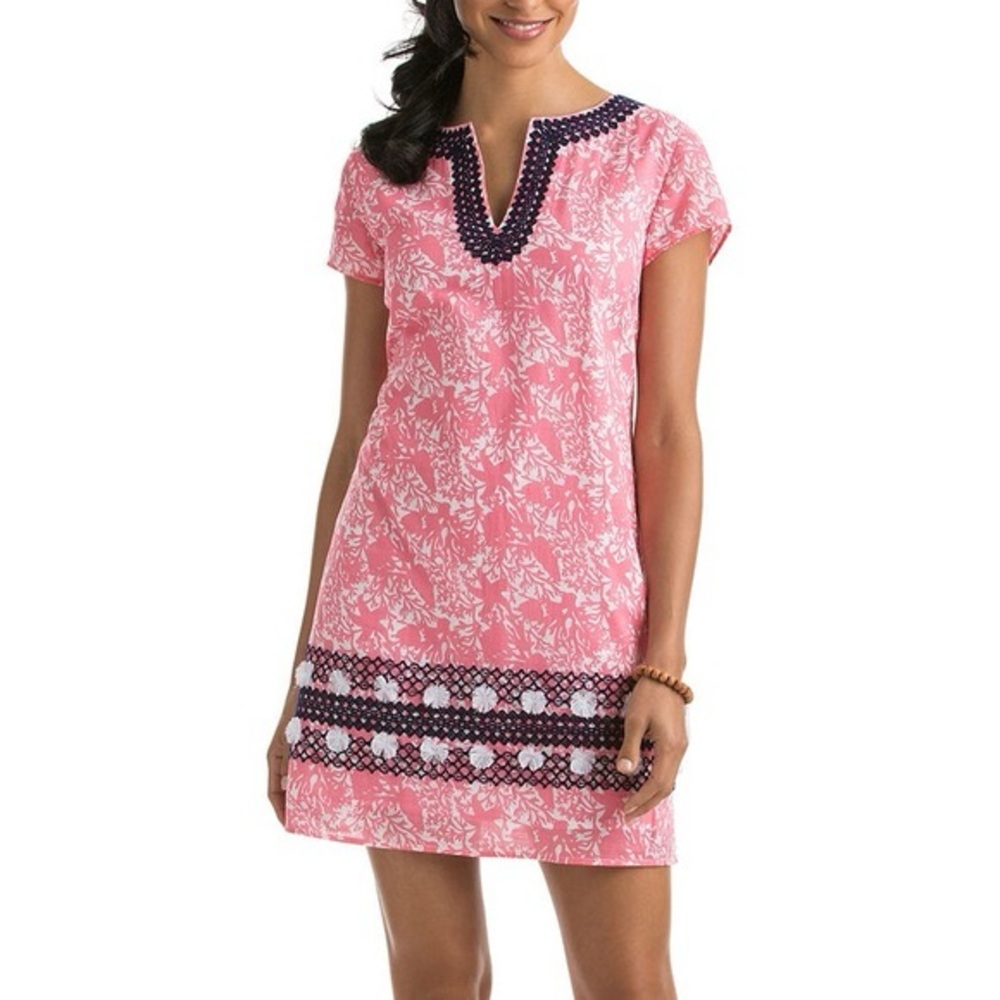 Vineyard Vines 100% Linen Pink Short Sleeve Mini Sheath Dress Coral Ocean Sz 00‎